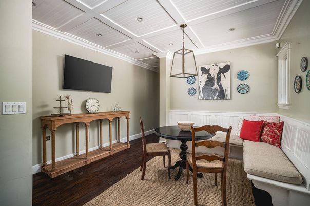 Dining room, Interior, Pendant Lights, Recessed Lighting, Wood Texture Flooring