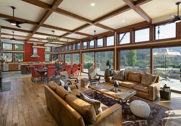 Dining room, Interior, Living room, Pendant Lights, Recessed Lighting, Sun Room, Wooden Beams, Wood Texture Flooring