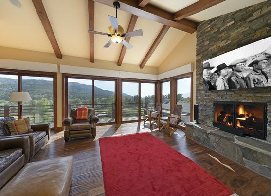 Dining room, Fireplace, Interior, Living room, Wooden Beams, Wood Texture Flooring