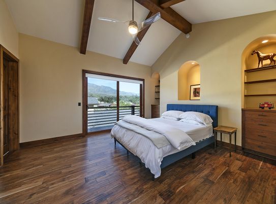 Bedroom, Interior, Recessed Lighting, Wooden Beams, Wood Texture Flooring
