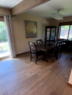 Chandelier, Dining room, Interior, Wood Texture Flooring