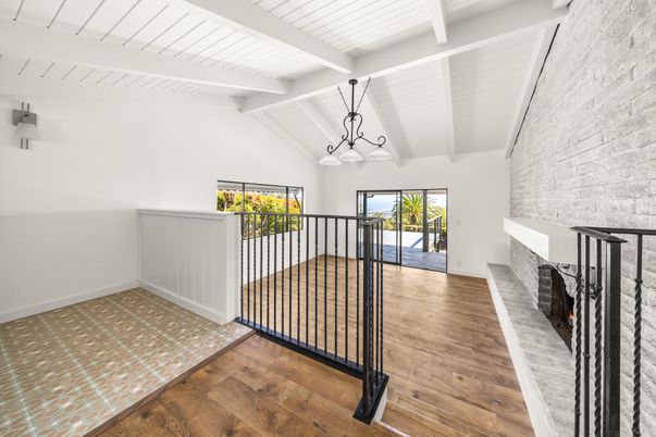 Fireplace, Interior, Pendant Lights, Stone Walls, Wood Texture Flooring