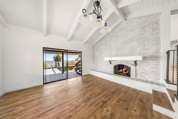 Empty room, Fireplace, Interior, Pendant Lights, Stone Walls, Wood Texture Flooring