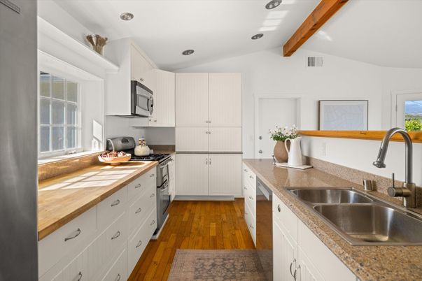 Interior, Kitchen, Recessed Lighting, Wooden Beams, Wood Texture Flooring
