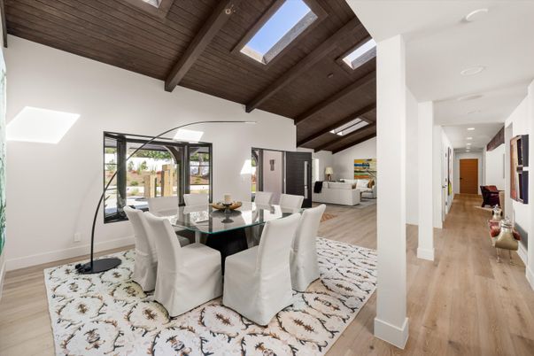 Dining room, Interior, Recessed Lighting, Wooden Beams, Wooden Ceilings, Wood Texture Flooring