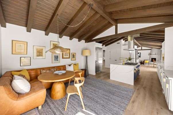 Dining room, Interior, Kitchen, Living room, Pendant Lights, Wooden Beams, Wooden Ceilings, Wood Texture Flooring