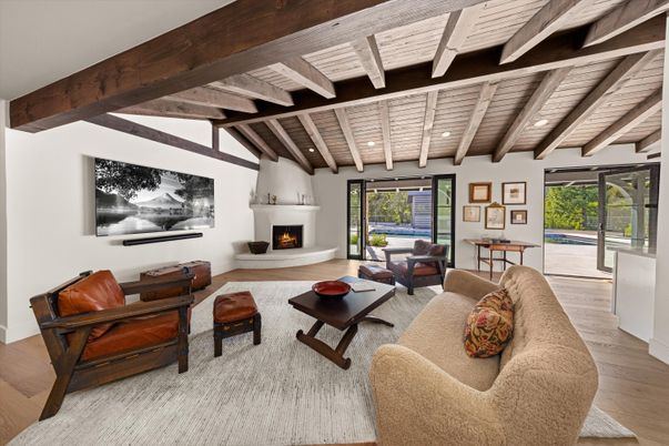 Fireplace, Interior, Living room, Recessed Lighting, Wooden Beams, Wooden Ceilings, Wood Texture Flooring