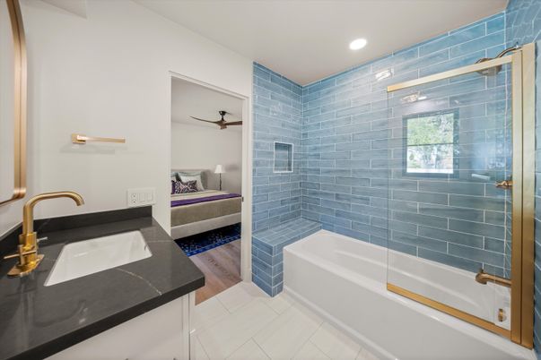 Bathroom, Bedroom, Dual Sink Vanities, Glass Shower, Interior, Recessed Lighting, Wood Texture Flooring