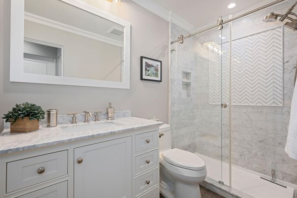 Bathroom, Glass Shower, Interior, Marble Walls, Recessed Lighting