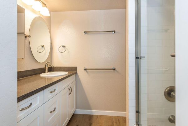 Bathroom, Dual Sink Vanities, Glass Shower, Interior, Wood Texture Flooring