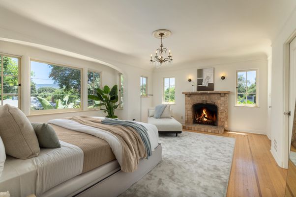 Bedroom, Chandelier, Fireplace, Interior, Wood Texture Flooring