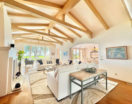 Chandelier, Fireplace, Interior, Living room, Wooden Beams, Wood Texture Flooring