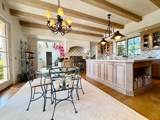 Chandelier, Dining room, Interior, Kitchen, Pendant Lights, Recessed Lighting, Wooden Beams, Wood Texture Flooring
