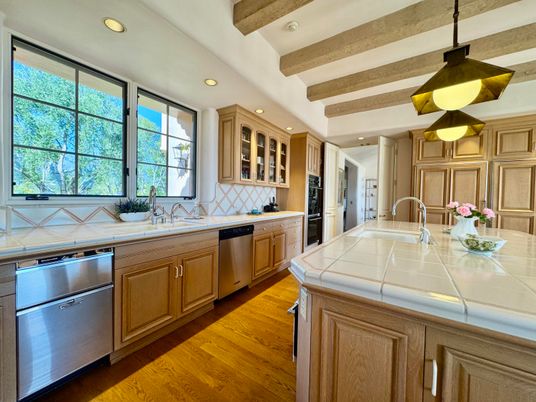 Interior, Kitchen, Recessed Lighting, Stainless Steel Appliances, Tile Countertops, Wooden Beams, Wood Texture Flooring