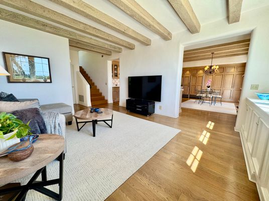 Chandelier, Dining room, Interior, Living room, Wooden Beams, Wood Texture Flooring