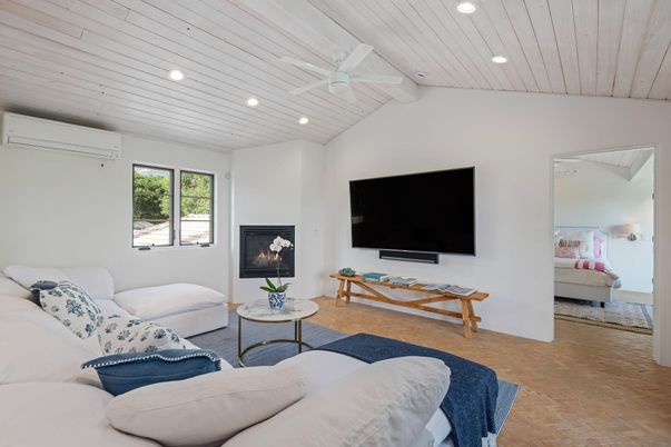 Bedroom, Fireplace, Interior, Living room, Recessed Lighting, Wood Texture Flooring