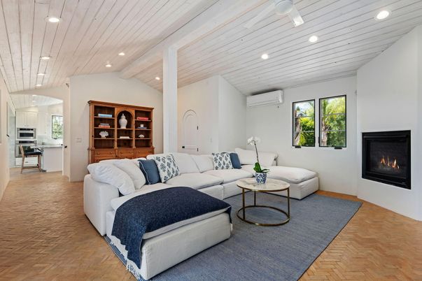 Fireplace, Interior, Kitchen, Living room, Recessed Lighting, Wooden Ceilings, Wood Texture Flooring