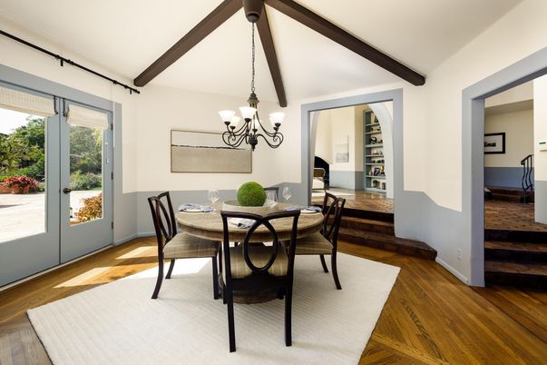 Chandelier, Dining room, Interior, Wooden Beams, Wood Texture Flooring