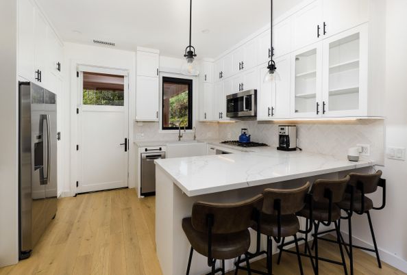 Interior, Kitchen, Pendant Lights, Stainless Steel Appliances, Wood Texture Flooring