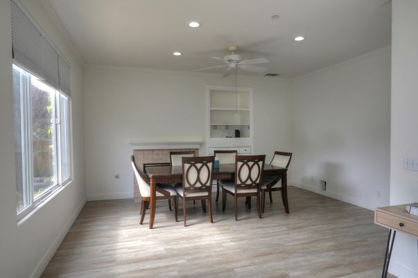 Dining room, Interior, Recessed Lighting, Wood Texture Flooring