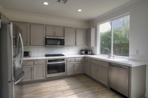 Interior, Kitchen, Recessed Lighting, Stainless Steel Appliances, Wood Texture Flooring