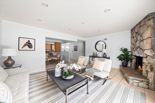 Dining room, Fireplace, Interior, Living room, Pendant Lights, Recessed Lighting, Stone Walls