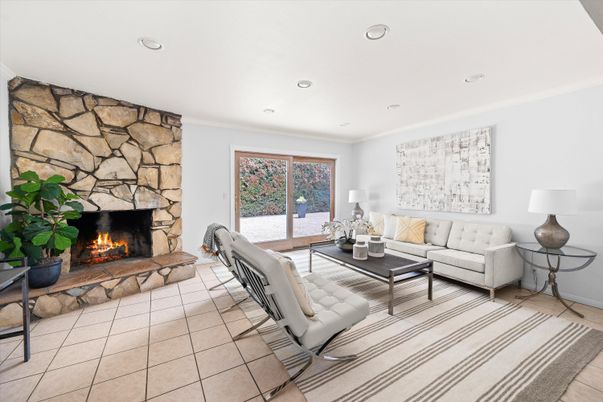 Fireplace, Interior, Living room, Recessed Lighting, Stone Walls
