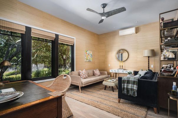 Interior, Living room, Recessed Lighting, Wood Texture Flooring, Wooden Walls