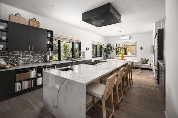 Dining room, Interior, Kitchen, Pendant Lights, Recessed Lighting, Wood Texture Flooring