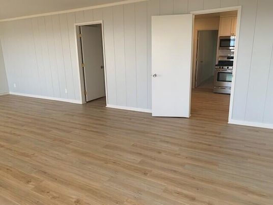 Empty room, Interior, Kitchen, Stainless Steel Appliances, Wood Texture Flooring