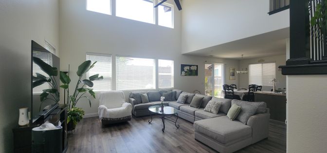 Dining room, Interior, Living room, Pendant Lights, Wood Texture Flooring