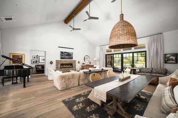 Dining room, Fireplace, Interior, Living room, Pendant Lights, Piano, Recessed Lighting, Wooden Beams, Wood Texture Flooring
