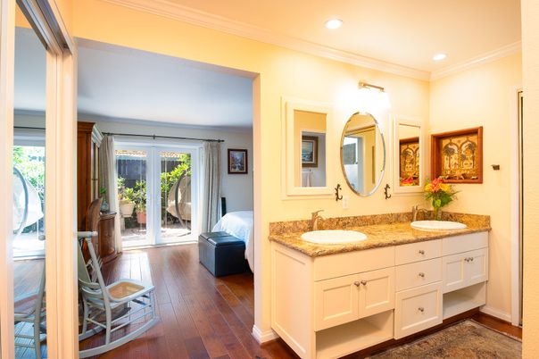 Bathroom, Dual Sink Vanities, Interior, Recessed Lighting, Wood Texture Flooring