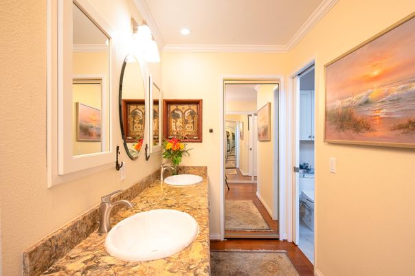 Bathroom, Dual Sink Vanities, Interior, Recessed Lighting, Wood Texture Flooring