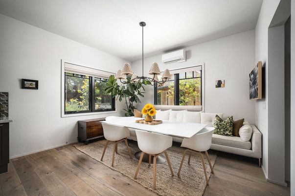 Dining room, Interior, Pendant Lights, Wood Texture Flooring