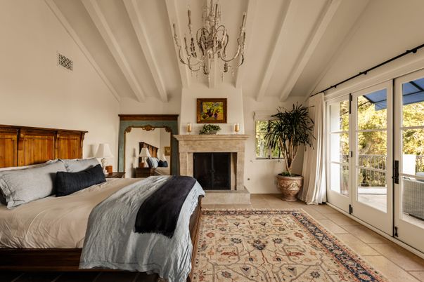Bedroom, Chandelier, Fireplace, Interior