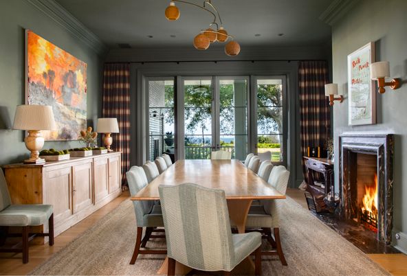 Dining room, Fireplace, Interior, Wood Texture Flooring