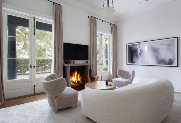 Fireplace, Interior, Living room, Pendant Lights, Wood Texture Flooring