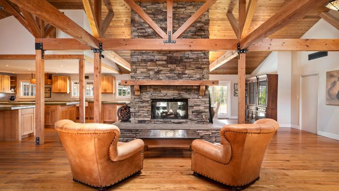 Fireplace, Interior, Kitchen, Living room, Recessed Lighting, Stone Walls, Wooden Beams, Wooden Ceilings, Wood Texture Flooring