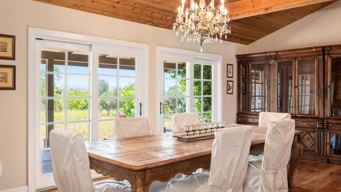Chandelier, Dining room, Interior, Wooden Ceilings, Wood Texture Flooring