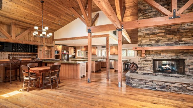 Fireplace, Interior, Kitchen, Pendant Lights, Stone Walls, Wooden Beams, Wooden Ceilings, Wood Texture Flooring