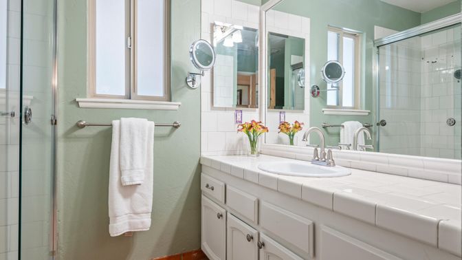 Bathroom, Glass Shower, Interior, Tile Countertops