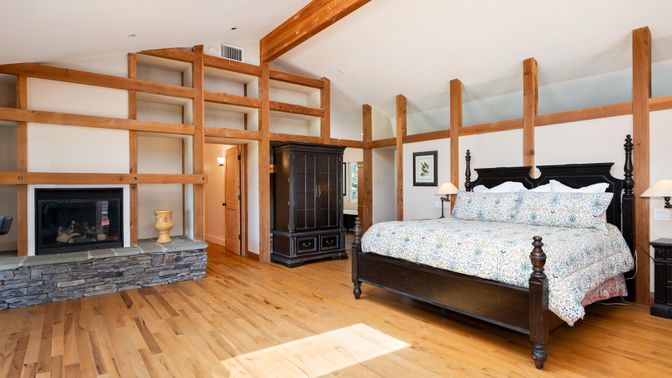 Bedroom, Fireplace, Interior, Recessed Lighting, Wood Texture Flooring