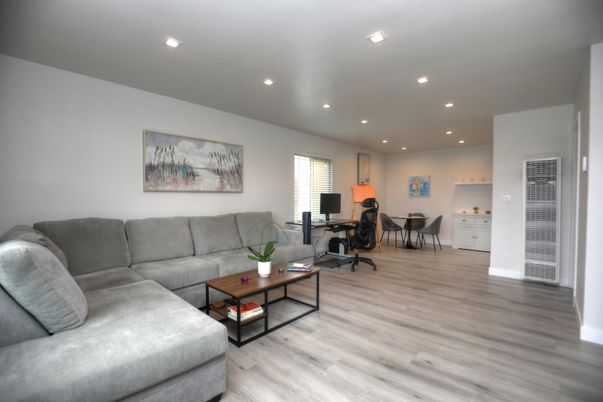 Home Office, Interior, Living room, Recessed Lighting, Wood Texture Flooring