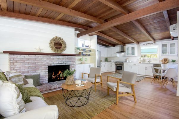 Dining room, Fireplace, Interior, Kitchen, Living room, Stone Walls, Wooden Beams, Wooden Ceilings, Wood Texture Flooring