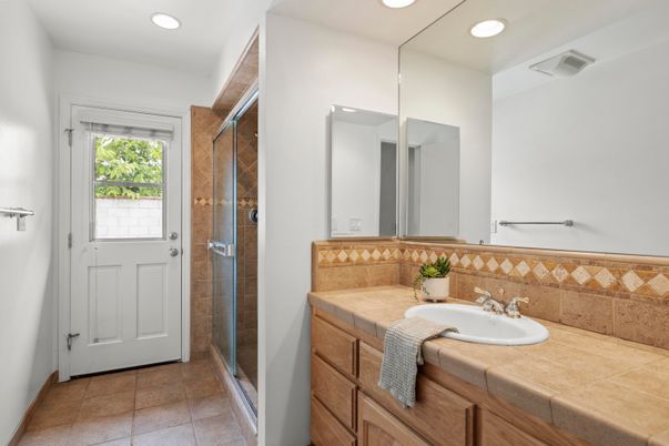 Bathroom, Glass Shower, Interior, Recessed Lighting, Tile Countertops