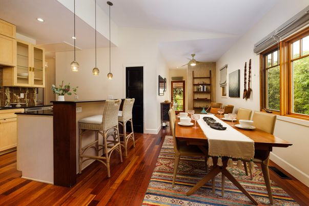 Dining room, Interior, Kitchen, Pendant Lights, Recessed Lighting, Wood Texture Flooring
