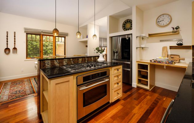 Interior, Kitchen, Pendant Lights, Stainless Steel Appliances, Wood Texture Flooring