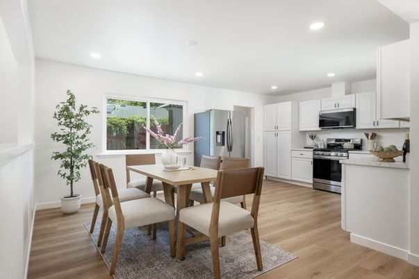 Dining room, Interior, Kitchen, Recessed Lighting, Stainless Steel Appliances, Wood Texture Flooring