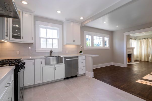 Fireplace, Interior, Kitchen, Recessed Lighting, Stainless Steel Appliances, Wood Texture Flooring